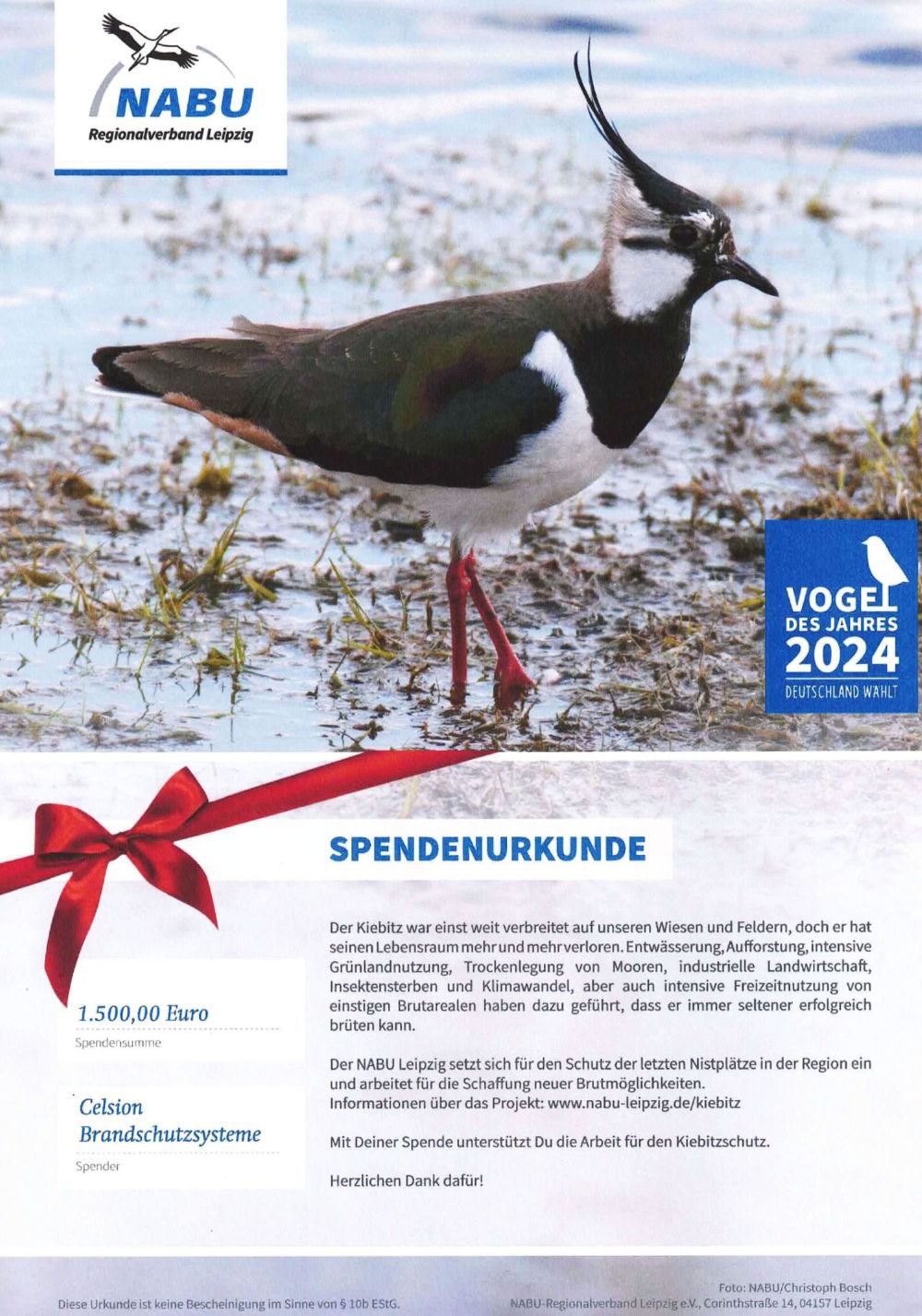 Spendeurkunde NABU Kiebitz